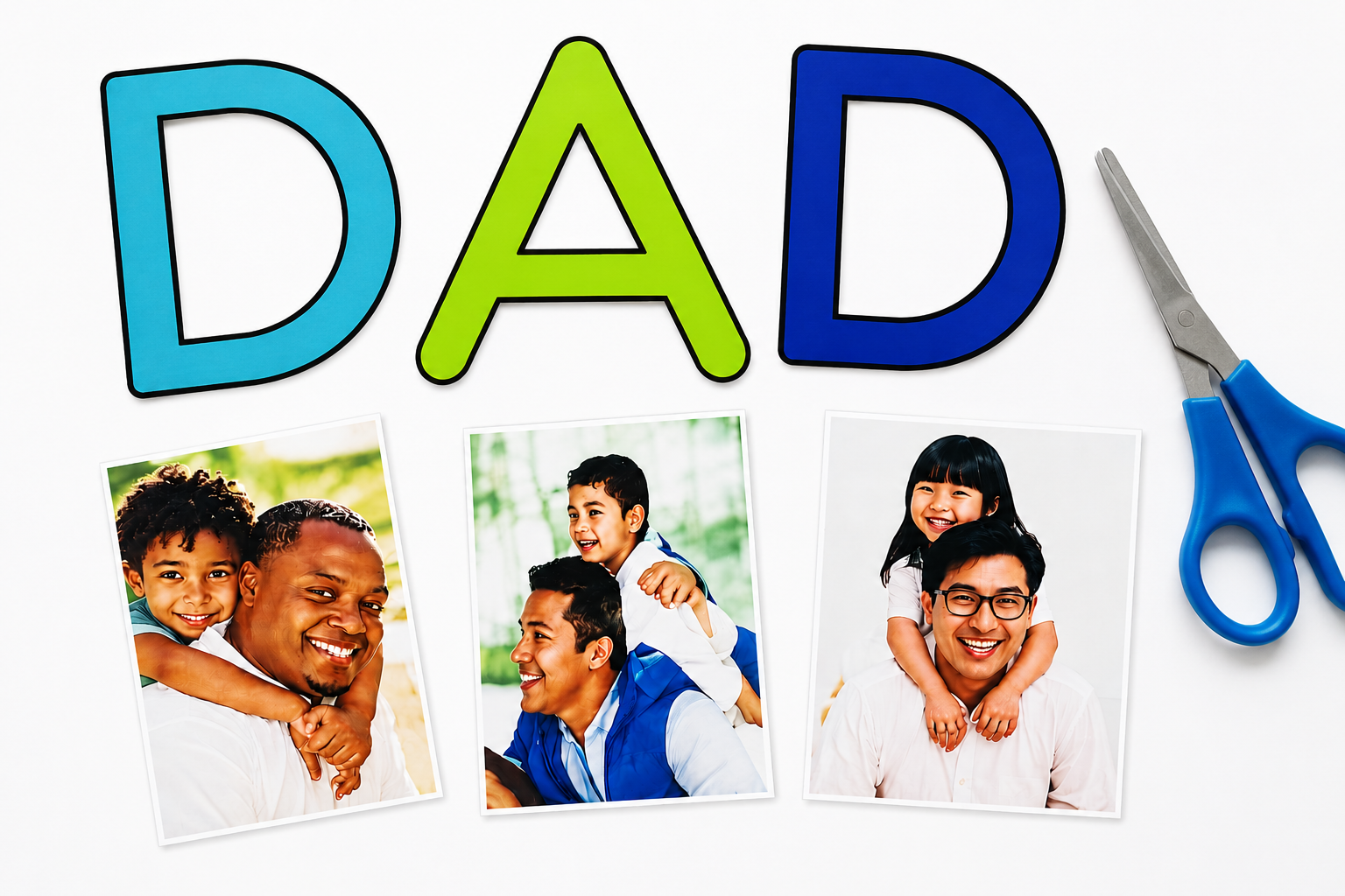 Colorful cut-out “DAD” letters alongside family photos and blue-handled scissors, showing materials prepared for a Father’s Day photo craft activity.