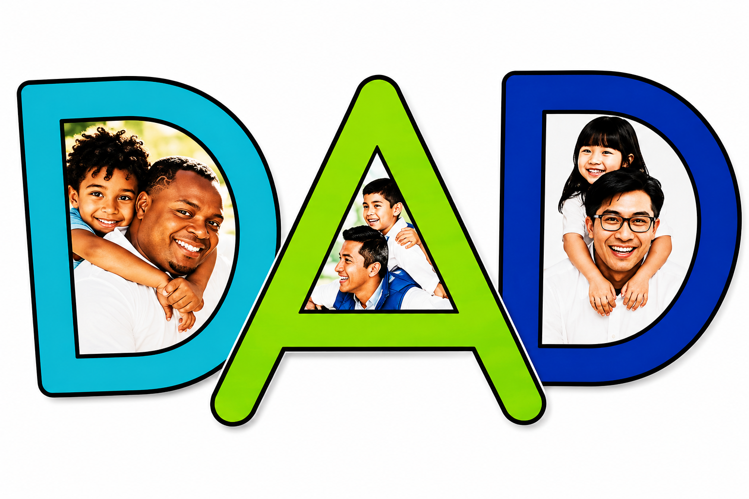 Colorful letters D-A-D with photos of smiling families inside each letter, forming the word 'DAD' (fatherhood theme).