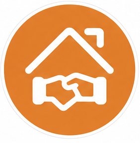 Handshake in front of a house roof icon inside an orange circle, symbolizing housing partnership or real estate agreement