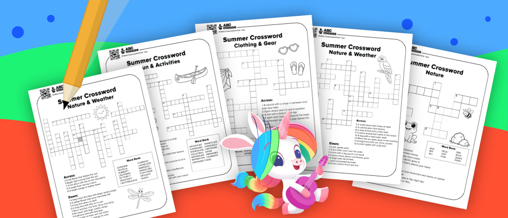 Collage of five summer crossword worksheets for kids, with a pencil and a cheerful bunny character on a bright colorful background.