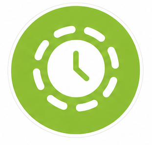 Green round icon with a white clock at the center and a dashed outer ring.