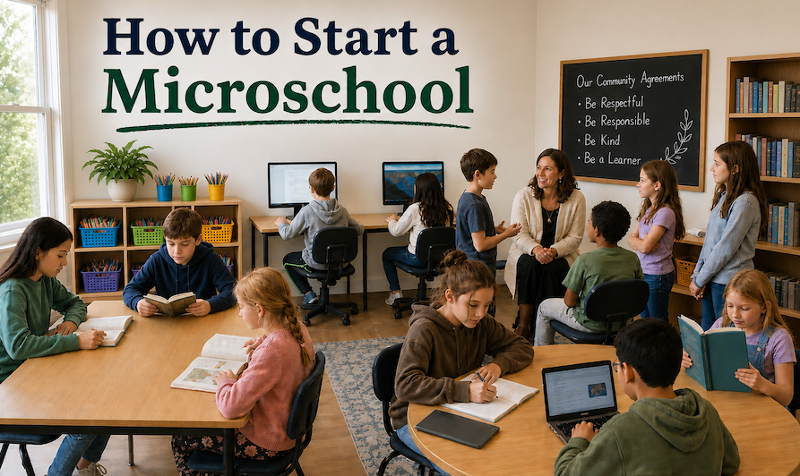 Bright classroom with a large 'How to Start a Microschool' banner; students read and work on laptops while a teacher chats with a small group near a chalkboard with guidelines.