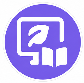 Purple circular logo featuring a white outline of a computer monitor with a feather pen and an open book, symbolizing online writing or digital publishing.