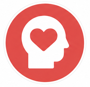 Icon of a head in profile with a heart inside, symbolizing mental health and compassion on a red circular background.