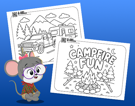 Cartoon mouse in a red plaid shirt sits beside two black-and-white coloring pages: mountains with trucks and a campfire scene labeled CAMPFIRE FUN.