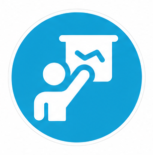 Person presenting to an audience, pointing at a chart on a board in a blue circular icon