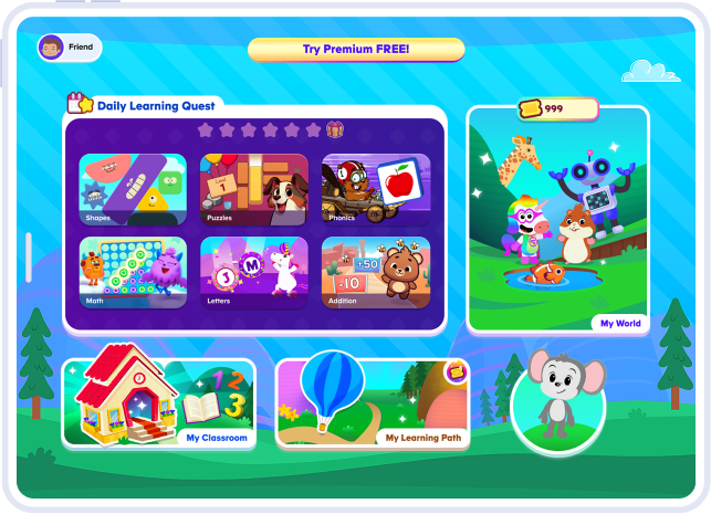 Colorful educational game interface with panels for Daily Learning Quest, My World, My Classroom, and My Learning Path on a bright blue playground background