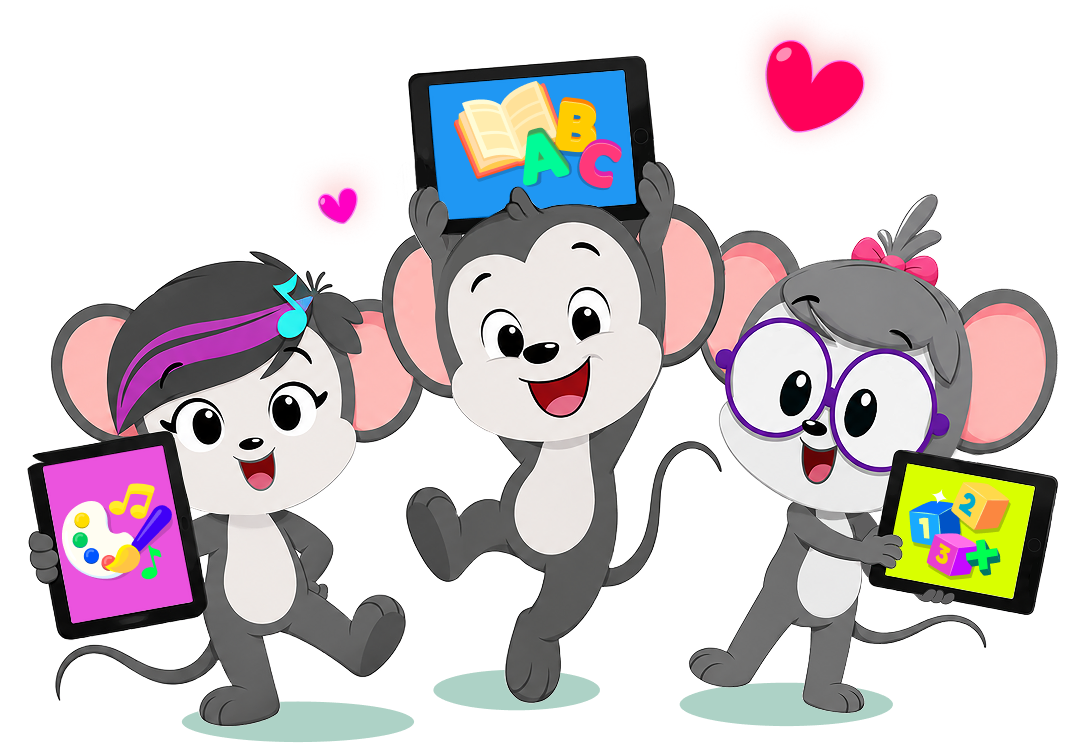 Three happy cartoon monkeys hold and display tablets, promoting learning with ABCs, music, and math icons.