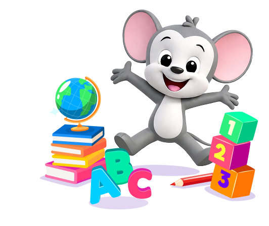 Cheerful cartoon mouse with arms outstretched beside a globe, stack of books, ABC blocks, and colorful pencils and blocks for a kids' learning scene