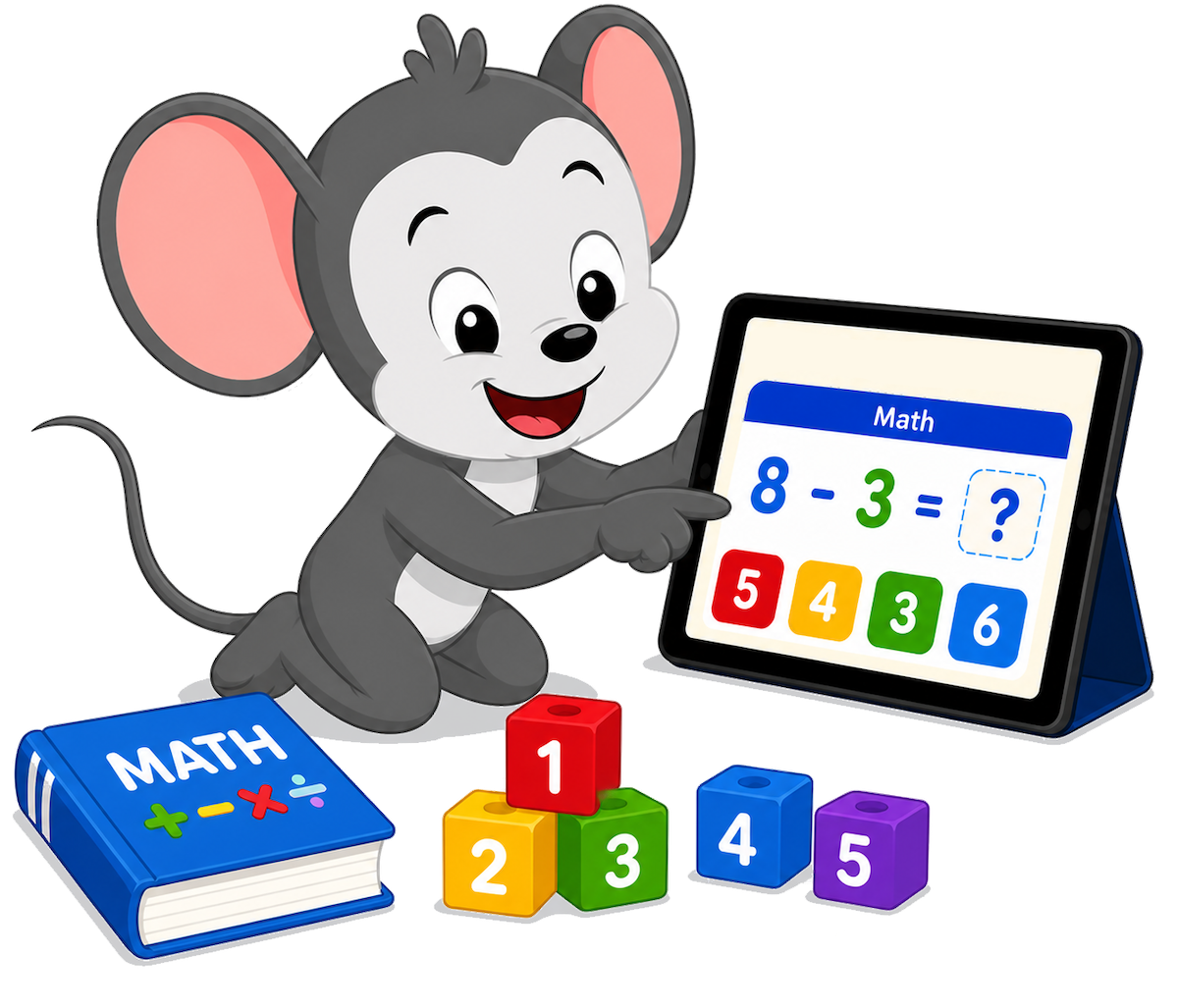 Cartoon mouse points at a tablet showing a math equation, with colorful blocks and a math book nearby.