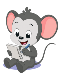 Cheerful cartoon mouse sitting cross-legged, writing in a spiral notebook with a blue pen.