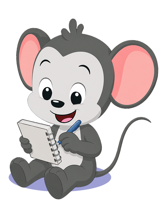 Cheerful cartoon mouse sitting cross-legged, writing in a spiral notebook with a blue pen.