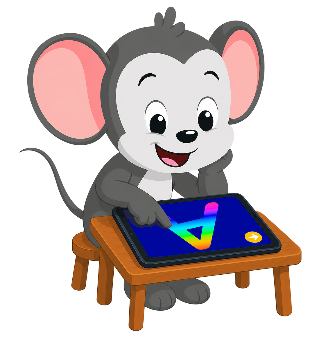 Cartoon gray mouse sitting at a small wooden table, using a tablet with a colorful play screen and a yellow action button on the corner, smiling.