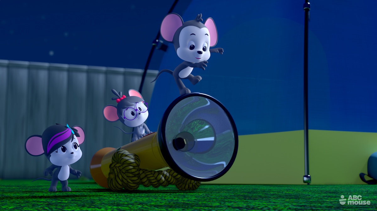 Three cartoon mice inspect a large yellow telescope on a grassy field at night, with a blue sky and ABCmouse logo in the corner.
