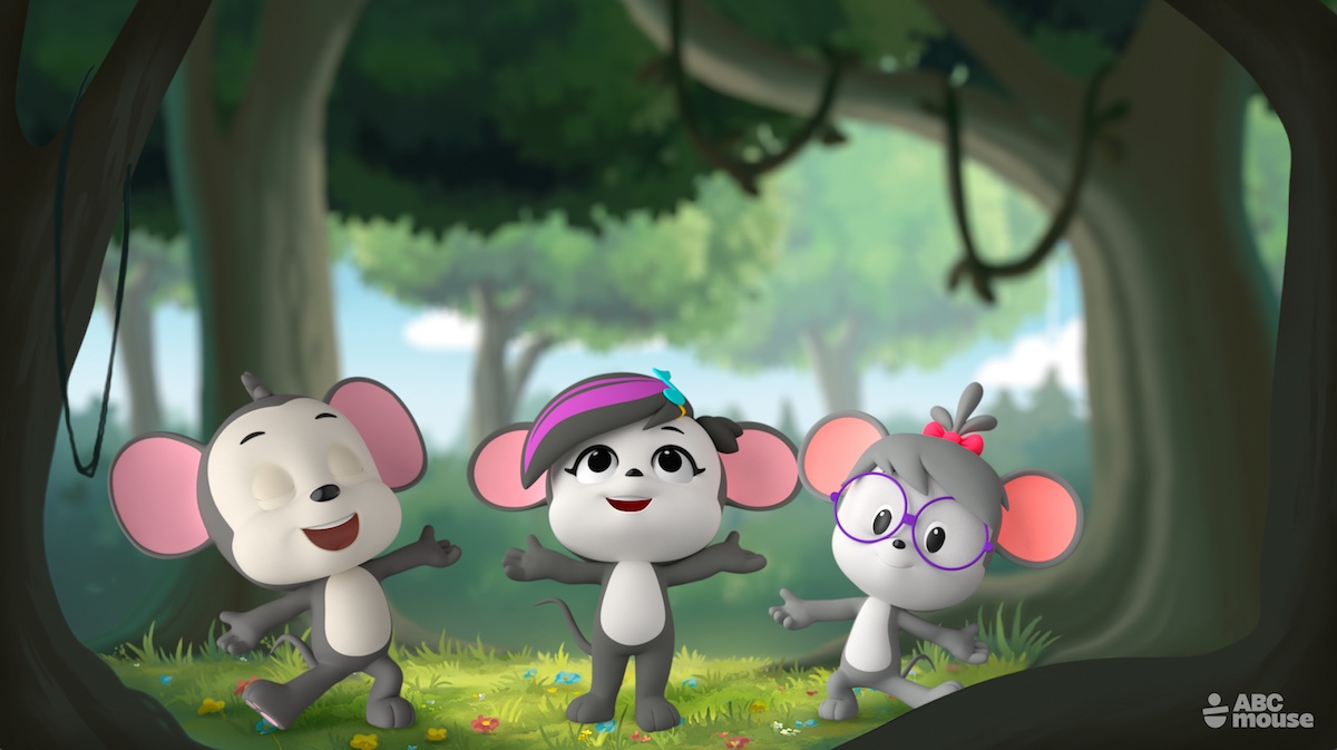 Three animated mouse friends stand together in a lush forest, smiling during an outdoor adventure.