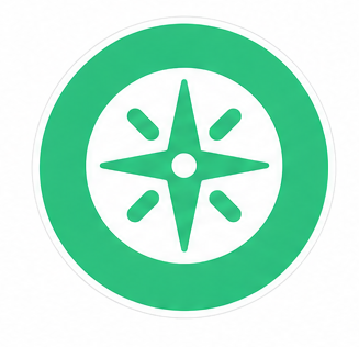 Circular green logo with a white center featuring a four-point compass star and central dot.