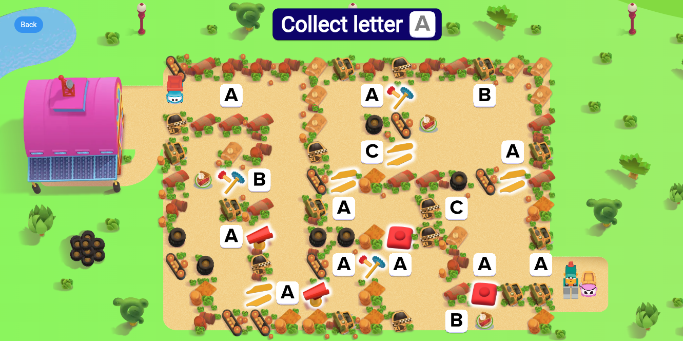 Top-down game board titled 'Collect letter A' with a sandy maze border of rocks; white tiles show A, B, or C, surrounded by loot items (food, tools); a pink vehicle on the left and a Back button at the top left.
