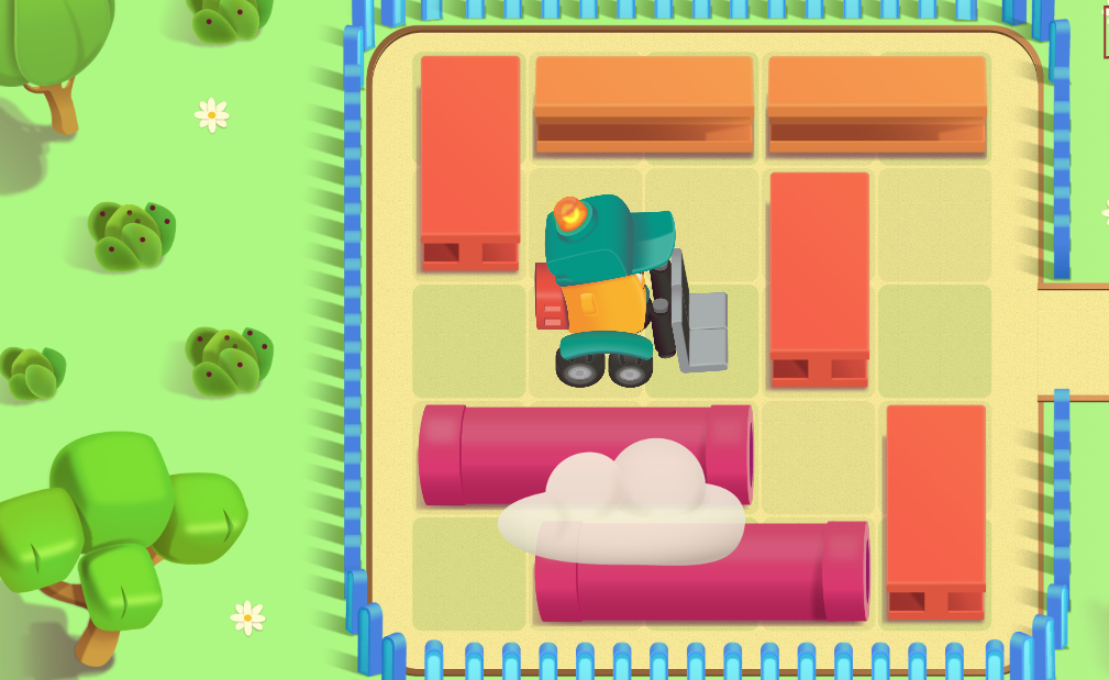 Top-down view of a toy construction site: a teal and orange excavator among orange blocks and pink tubes inside a fenced yard.