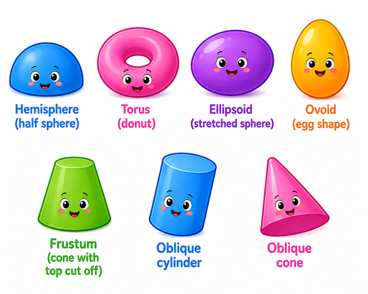 Colorful cartoon 3D shapes for preschool learning, including a hemisphere, torus, ellipsoid, ovoid, frustum, oblique cylinder, and oblique cone with smiling faces and labels explaining each shape.