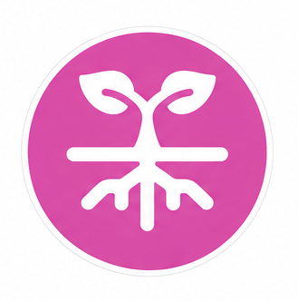 Circular pink gradient logo featuring a white seedling with two leaves above a horizontal bar and root-like lines below.