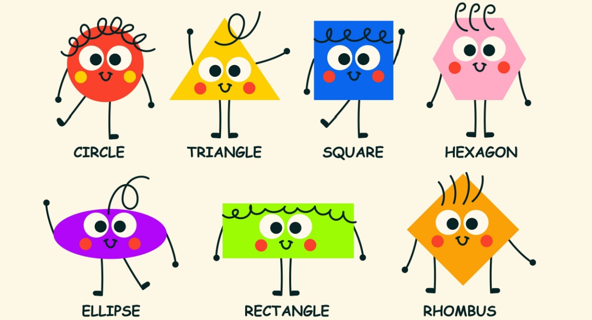 Cartoon shapes with happy faces: circle, triangle, square, hexagon labeled under each shape.