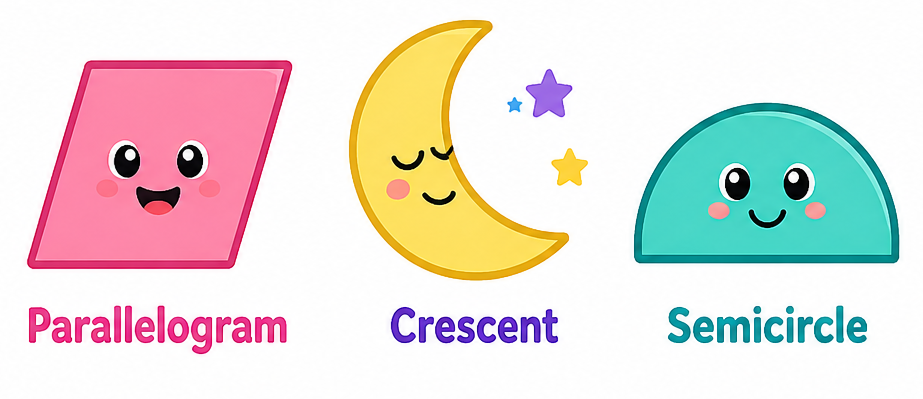 Colorful cartoon shapes for preschool learning, including a pink parallelogram, yellow crescent moon, and teal semicircle with smiling faces and labels underneath.