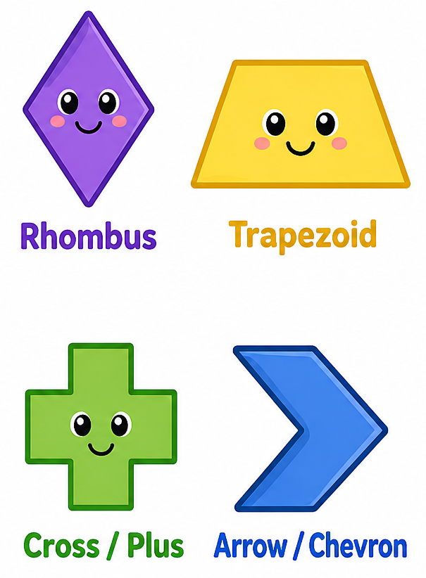 Colorful cartoon shapes for preschool learning, including a purple rhombus, yellow trapezoid, green cross or plus sign, and blue arrow or chevron with smiling faces and labels underneath.