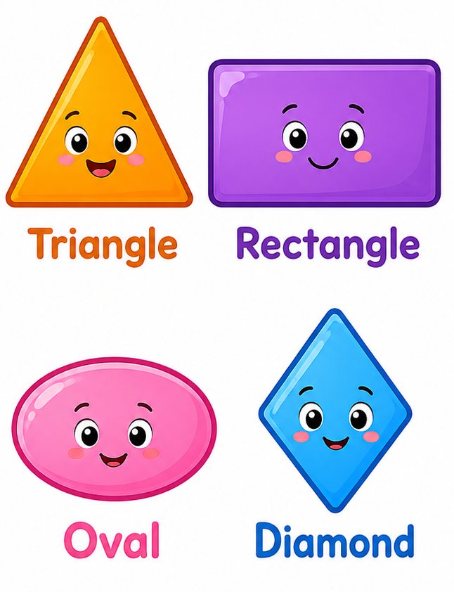 Four colorful shapes with friendly faces and labels: Triangle, Rectangle, Oval, and Diamond.