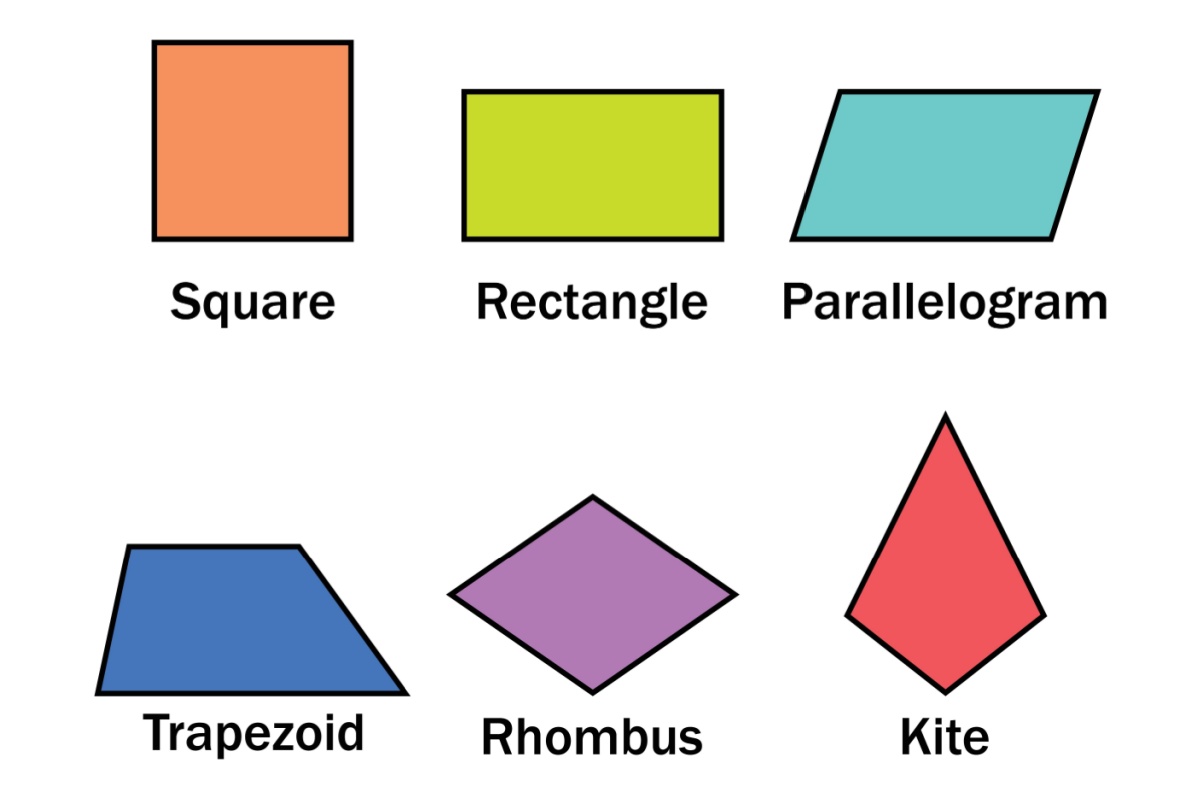 Educational chart showing types of quadrilaterals, including a square, rectangle, parallelogram, trapezoid, rhombus, and kite with colorful labeled examples.