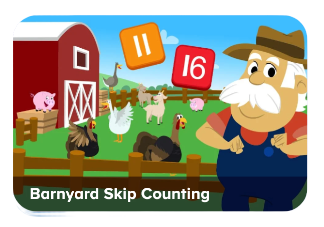 Farmyard scene with a farmer amid animals and a barn; two floating skip-count blocks labeled 11 and 16, for Barnyard Skip Counting.