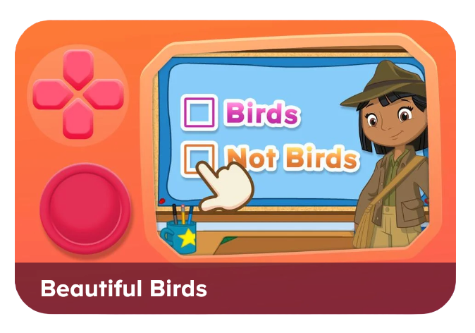 Icon for a kids' game showing a classroom screen with Birds and Not Birds options, a pointing hand, and an adventurer on the right; title Beautiful Birds