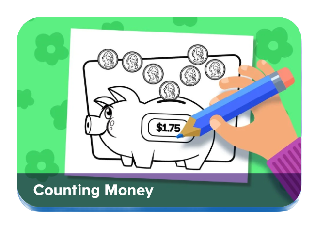 Cartoon piggy bank on a white board with coins on top; a hand writes $1.75 in the slot to show counting money.