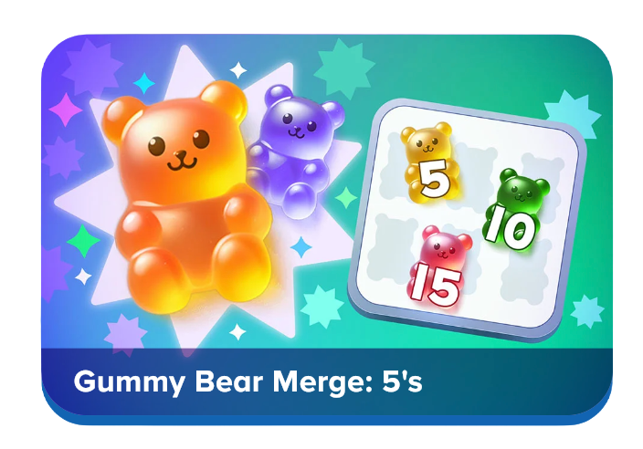 Colorful banner for Gummy Bear Merge game showing a large orange gummy bear and a merge board with numbered tiles 5, 10, and 15 against a starry background.