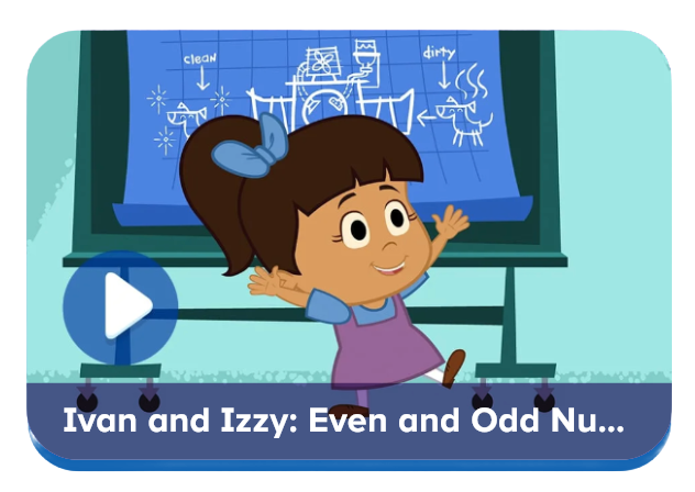 Video thumbnail showing a smiling girl in a purple dress presenting in front of a chalkboard with drawings, labeled 'Ivan and Izzy: Even and Odd Numbers'