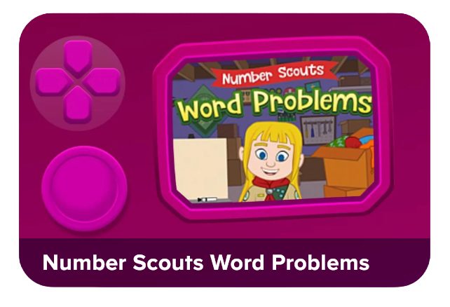 Icon for the Number Scouts Word Problems app showing a pink handheld device with a screen displaying a girl in a classroom setting.