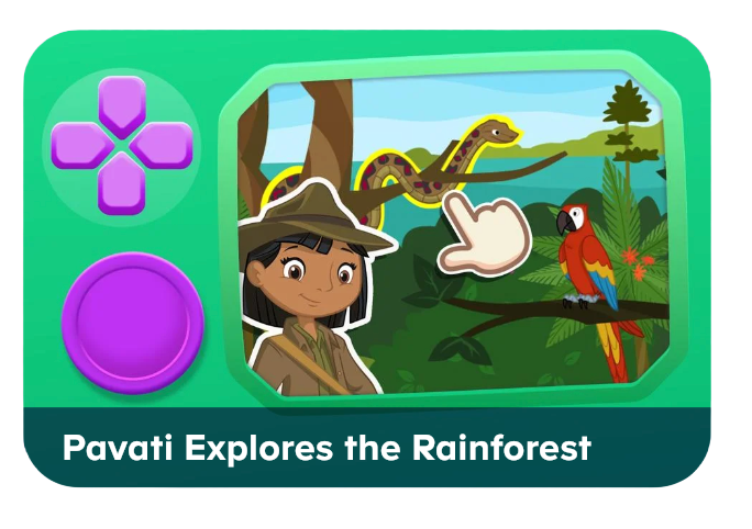 Pavati explores the rainforest fun science game for 1st graders to play from ABCmouse.com.