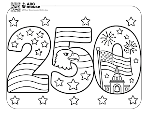 Free ABCmouse coloring page for kids featuring large “250” numbers designed as balloons, surrounded by confetti and festive decorations.