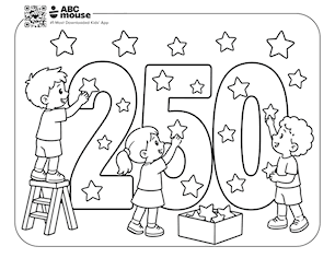 Free ABCmouse coloring page for kids featuring a majestic bald eagle with spread wings flying above an “America 250” banner and patriotic stars.
