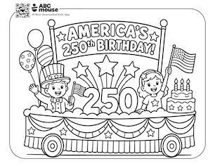 Free ABCmouse coloring page for kids featuring a festive parade float decorated with bunting, balloons, stars, and children celebrating America’s 250th birthday.