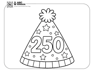 Free ABCmouse coloring page for kids featuring a festive party hat decorated with stars and a large “250” for America’s birthday celebration.