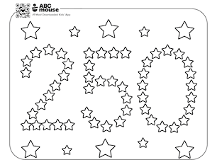 Free ABCmouse coloring page for kids featuring bold “USA 250” lettering decorated with patriotic patterns, stars, and festive celebration elements.