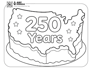 Free ABCmouse coloring page for kids featuring a United States map-shaped birthday cake decorated with stars and the words “250 Years.”