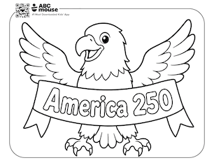 Free ABCmouse coloring page for kids featuring a bald eagle with spread wings holding an “America 250” banner in a patriotic design.