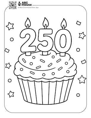 Free ABCmouse coloring page for kids featuring a festive cupcake topped with giant “250” candles, sprinkles, stars, and confetti.