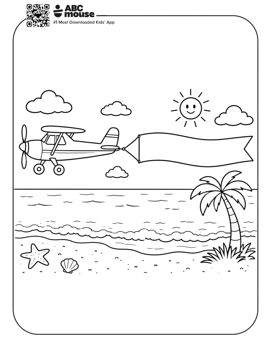 Free printable airplane coloring page for kids from ABCmouse.com. Airplane flying over a beach while pulling a blank banner for kids to decorate with their own message.