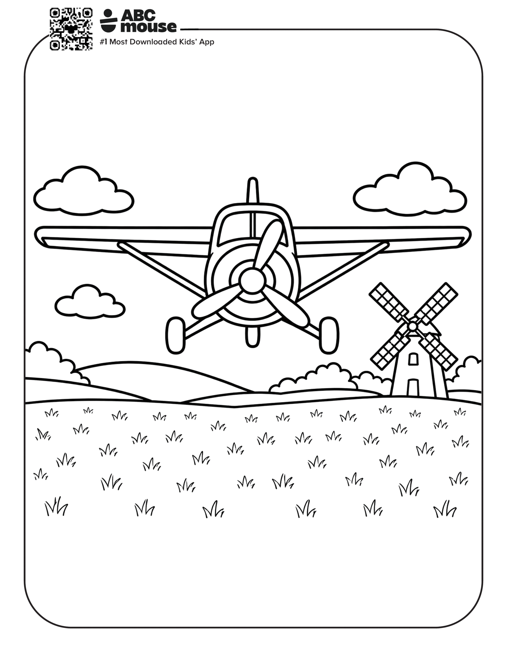 Free printable airplane coloring page for kids from ABCmouse.com. Front view of a propeller airplane flying low over a grassy field with a windmill in the distance.