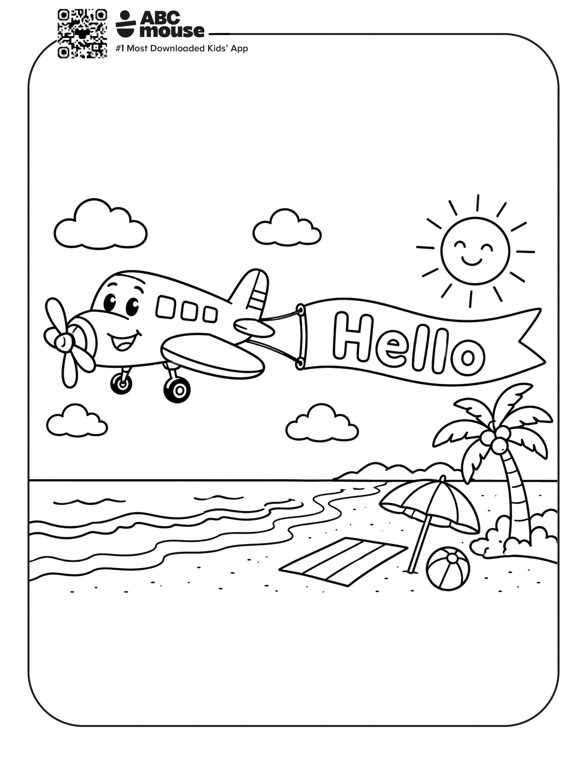 Free printable airplane coloring page for kids from ABCmouse.com. Small airplane flying over a beach while towing a "Hello" banner beneath a sunny sky.