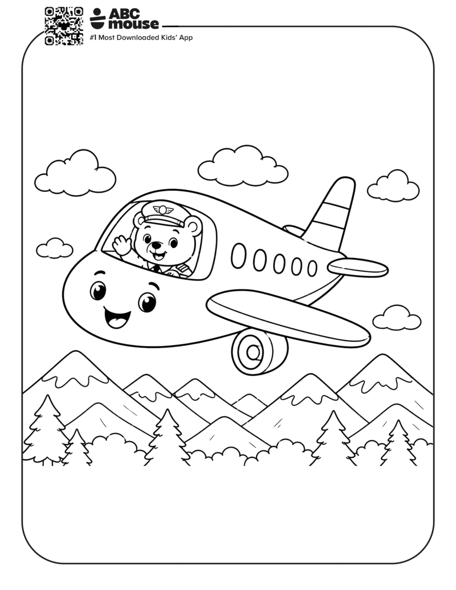 Free printable airplane coloring page for kids from ABCmouse.com. Smiling bear flying a cheerful airplane over snowcapped mountains for kids to color.
