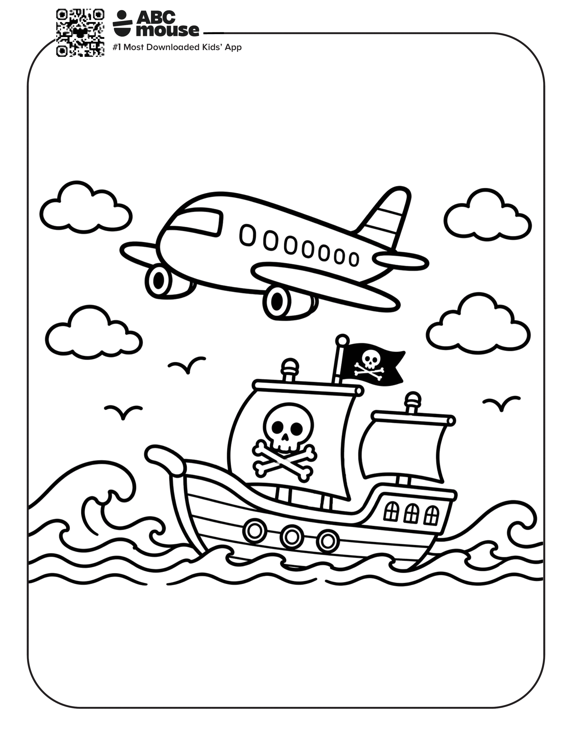 Free printable airplane coloring page for kids from ABCmouse.com. Airplane soaring above a pirate ship sailing across the ocean in an adventurous coloring page.