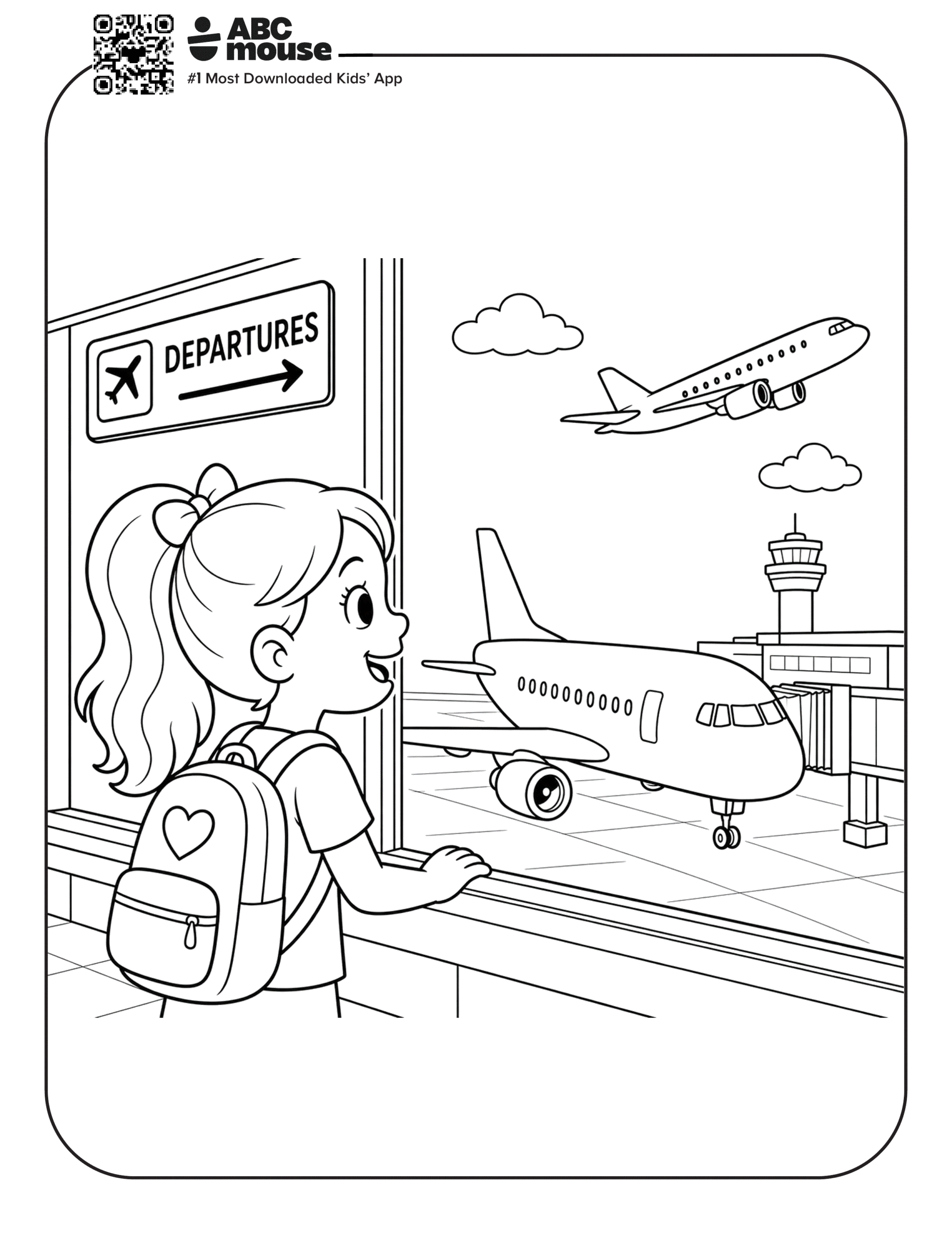 Free printable airplane coloring page for kids from ABCmouse.com. Young girl looking out an airport window as airplanes prepare for takeoff at the terminal.